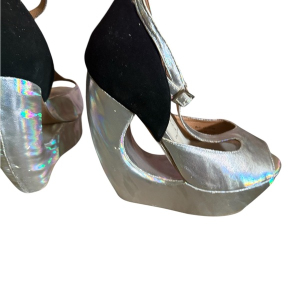 JEFFREY CAMPBELL ROCKSLIP Holographic Suede PEEP-TOE PLATFORM Wedges🌈🦄 7.5 - Picture 7 of 16